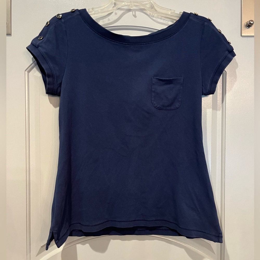 Talbots navy blue boat neck tshirt. Buttons at the shoulders. Very nautical.